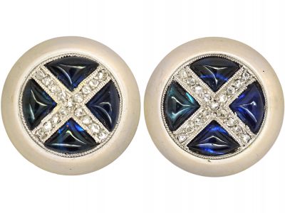 French Art Deco Cabochon Sapphire, Rock Crystal & Rose Diamond Earrings
