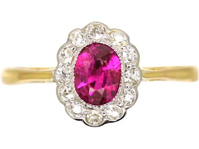 Edwardian 18ct Gold & Platinum, Ruby & Diamond Oval Cluster Ring