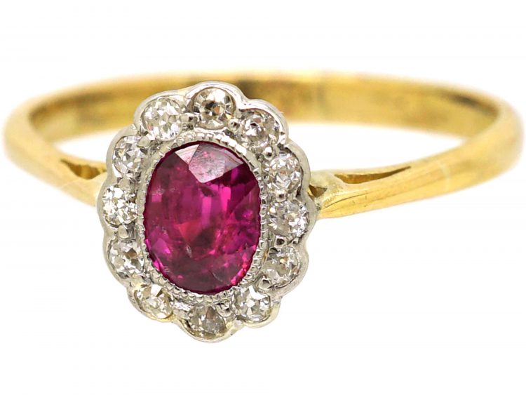 Edwardian 18ct Gold & Platinum, Ruby & Diamond Oval Cluster Ring