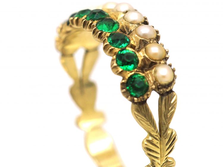 Georgian 15ct Gold, Natural Split Pearls & Green Paste Two Row Ring