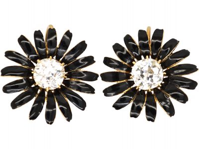 Early 20th Century 18ct Gold, Black Enamel & Diamond Flower Earrings by Tiffany