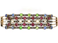 14ct Gold Harem Bangle set with Sapphires, Rubies, Green Garnets, Rose Diamonds & Pearls