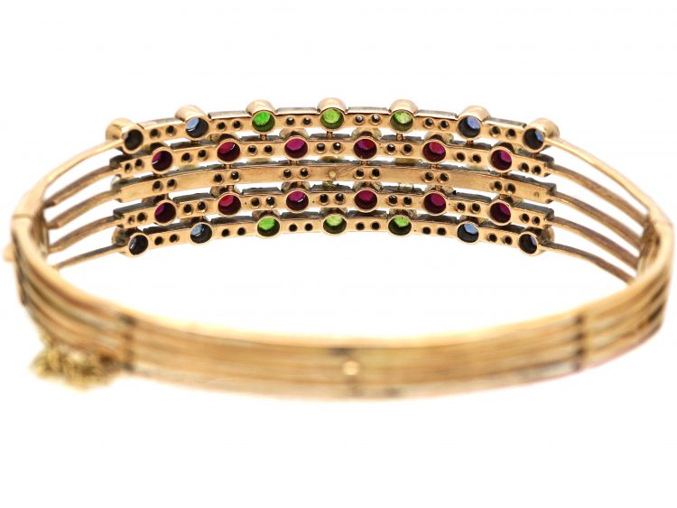 14ct Gold Harem Bangle set with Sapphires, Rubies, Green Garnets, Rose Diamonds & Pearls