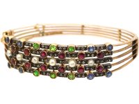 14ct Gold Harem Bangle set with Sapphires, Rubies, Green Garnets, Rose Diamonds & Pearls