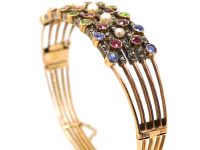 14ct Gold Harem Bangle set with Sapphires, Rubies, Green Garnets, Rose Diamonds & Pearls