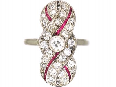 Art Deco Platinum, Ruby & Diamond Swirl Ring
