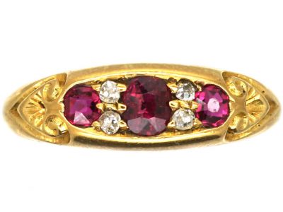 Edwardian 18ct Gold Three Stone Ruby & Diamond Ring with Ornate Shoulders