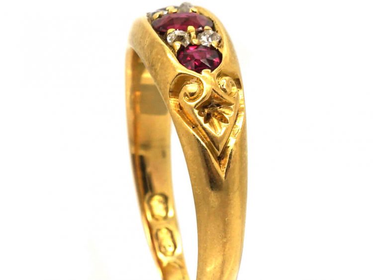 Edwardian 18ct Gold Three Stone Ruby & Diamond Ring with Ornate Shoulders