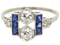 Art Deco Platinum, Sapphire & Diamond Geometric Ring