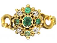 Georgian 15ct Gold Emerald & Diamond Cluster Ring with Ornate Shoulders