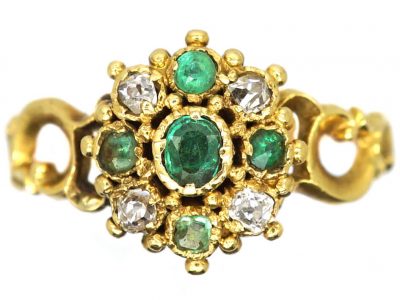 Georgian 15ct Gold Emerald & Diamond Cluster Ring with Ornate Shoulders
