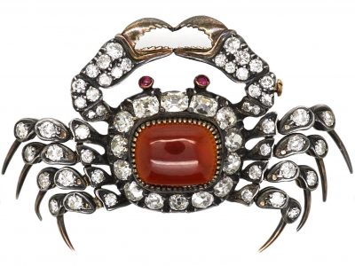 19th Century Articulated Crab Brooch set with a Garnet & Diamonds in Case