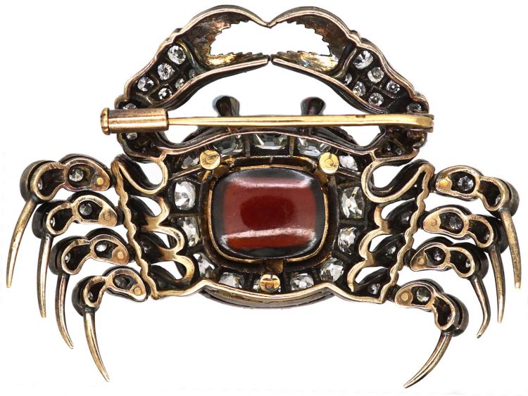 19th Century Articulated Crab Brooch set with a Garnet & Diamonds in Case