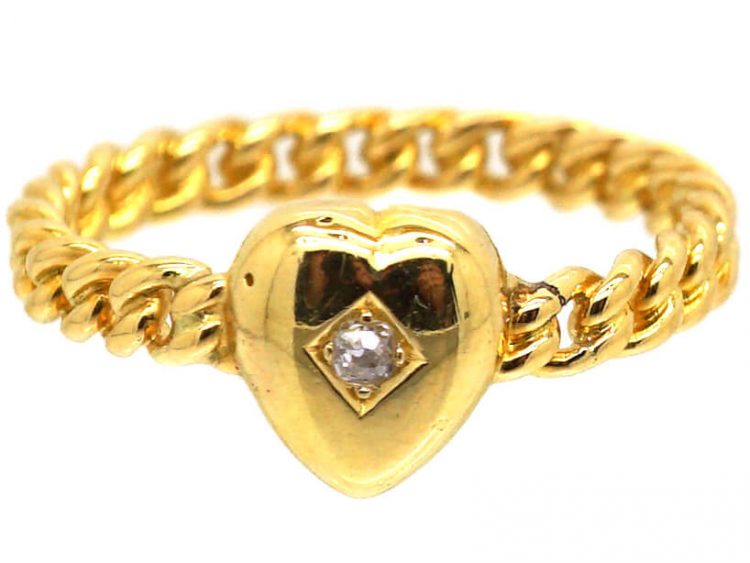 Edwardian 18ct Gold & Diamond Heart Shaped Ring with Curb Design Shank