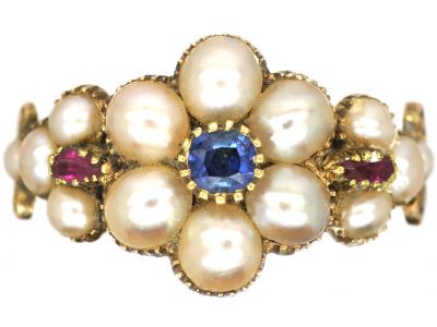 Regency 15ct Gold, Sapphire Ruby & Natural Split Pearl Cluster Ring
