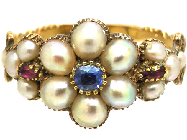 Regency 15ct Gold, Sapphire Ruby & Natural Split Pearl Cluster Ring