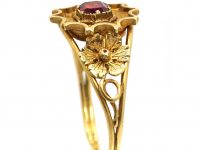 Georgian Two Colour 15ct Gold Ring set with a Ruby with Flower Shoulders