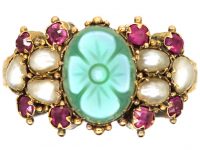 Victorian 15ct Gold, Green Chalcedony, Ruby & Natural Split Pearl Ring