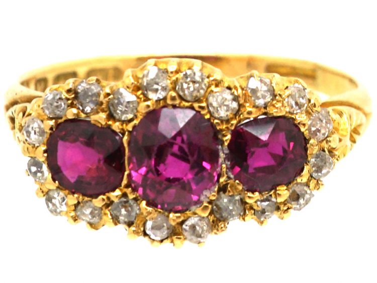 Victorian 18ct Gold, Three Stone Ruby & Diamond Triple Cluster Ring