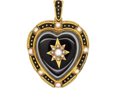 Victorian 18ct Gold Heart Shaped Onyx, Blacke Enamel & Natural Split Pearl Pendant in Original Case