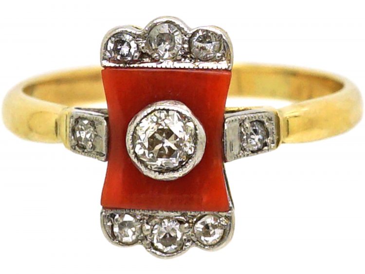 Art Deco 18ct Gold & Platinum, Carnelian & Diamond Ring