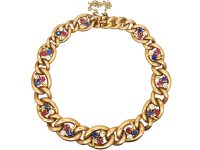 Edwardian 15ct Gold Curb Bracelet with Three Leaf Clover Motifs set with Sapphires, Rubies & Diamonds