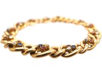 Edwardian 15ct Gold Curb Bracelet with Three Leaf Clover Motifs set with Sapphires, Rubies & Diamonds