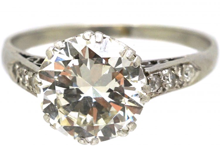 Art Deco Platinum, Diamond Solitaire Ring with Diamond set Shoulders