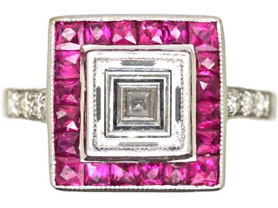 Art Deco 18ct White Gold, Aascher Cut Diamond & French Cut Ruby Square Ring