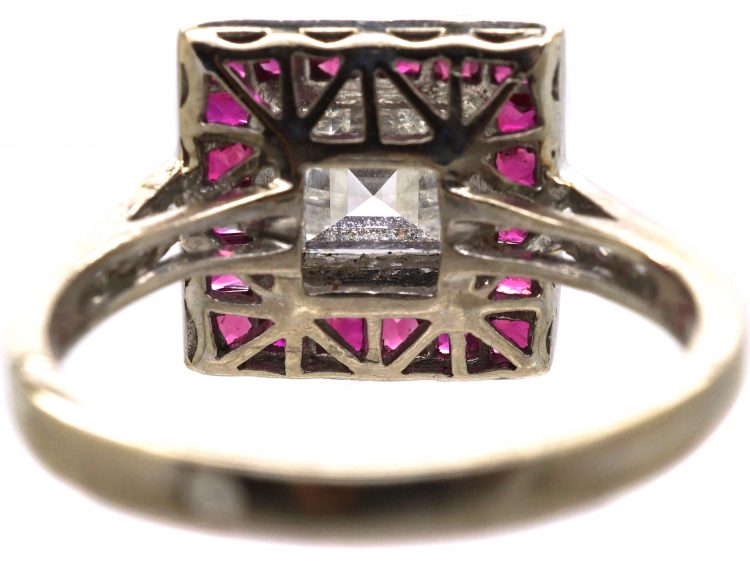 Art Deco 18ct White Gold, Aascher Cut Diamond & French Cut Ruby Square Ring