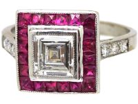 Art Deco 18ct White Gold, Aascher Cut Diamond & French Cut Ruby Square Ring