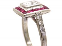 Art Deco 18ct White Gold, Aascher Cut Diamond & French Cut Ruby Square Ring