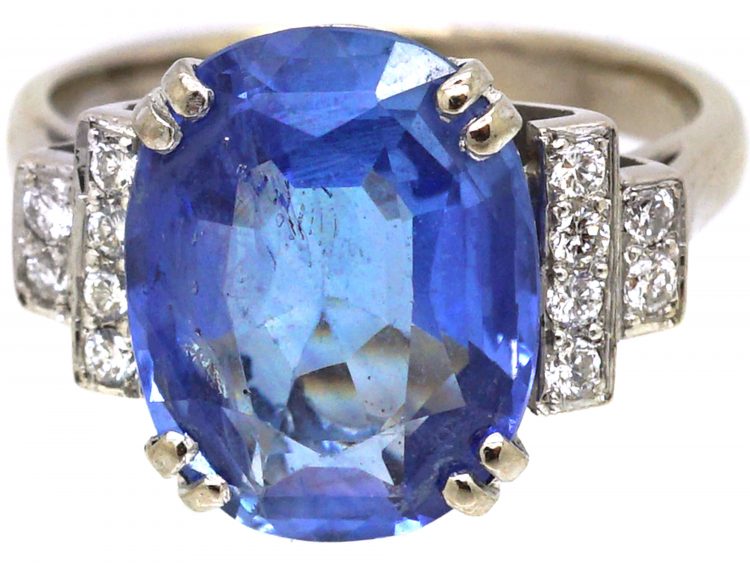 Art Deco 18ct White Gold, Sapphire Ring with Diamond Set Shoulders