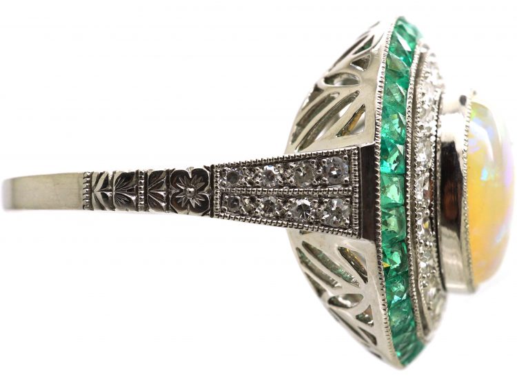 Platinum, Opal, Diamond & Emerald Large Cluster Ring
