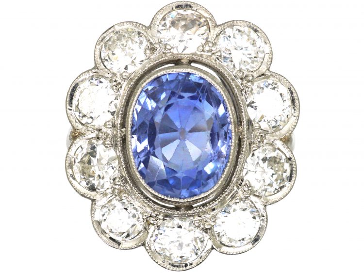 Early 20th Century French Platinum Large Sapphire & Diamond Cluster Ring