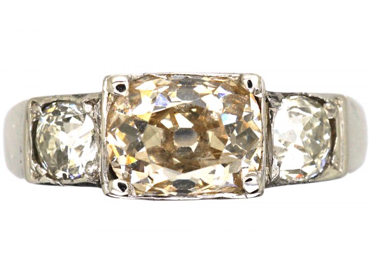 Early 20th Century 18ct White Gold, Three Stone Cushion Cut Diamond Ring