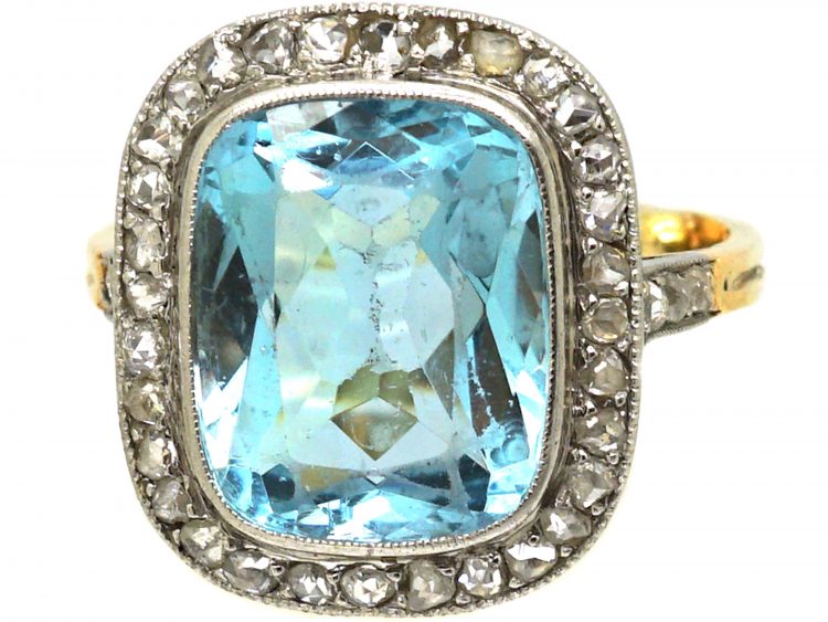 Early 20th Century 18ct Gold & Platinum, Aquamarine & Rose Diamond Ring