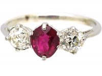Early 20th Century Burma Ruby & Diamond Three Stone Ring