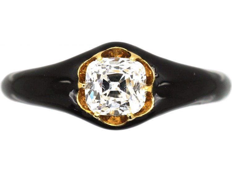 Georgian 18ct Gold & Black Enamel Mourning Ring set with a Cushion Cut  Diamond with Locket Inside the Shank (937U)