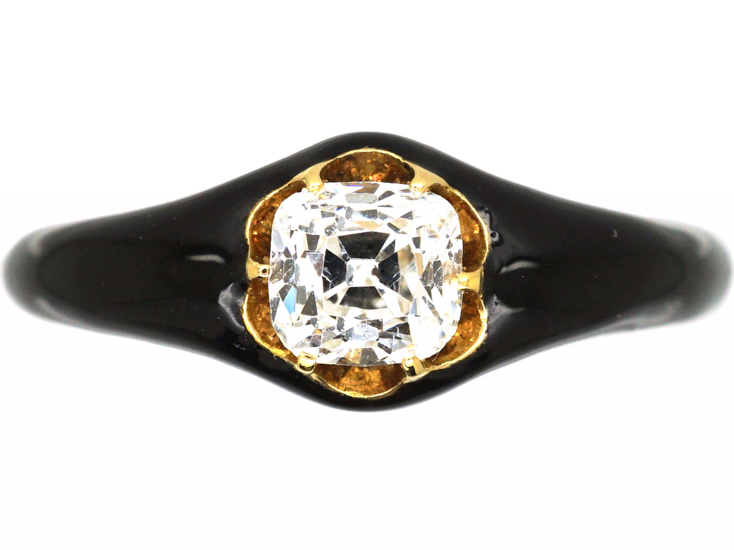 Georgian 18ct Gold & Black Enamel Mourning Ring set with a Cushion Cut ...