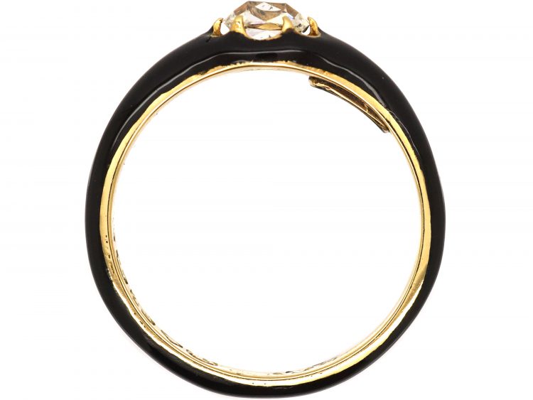 Georgian 18ct Gold & Black Enamel Mourning Ring set with a Cushion Cut Diamond with Locket Inside the Shank