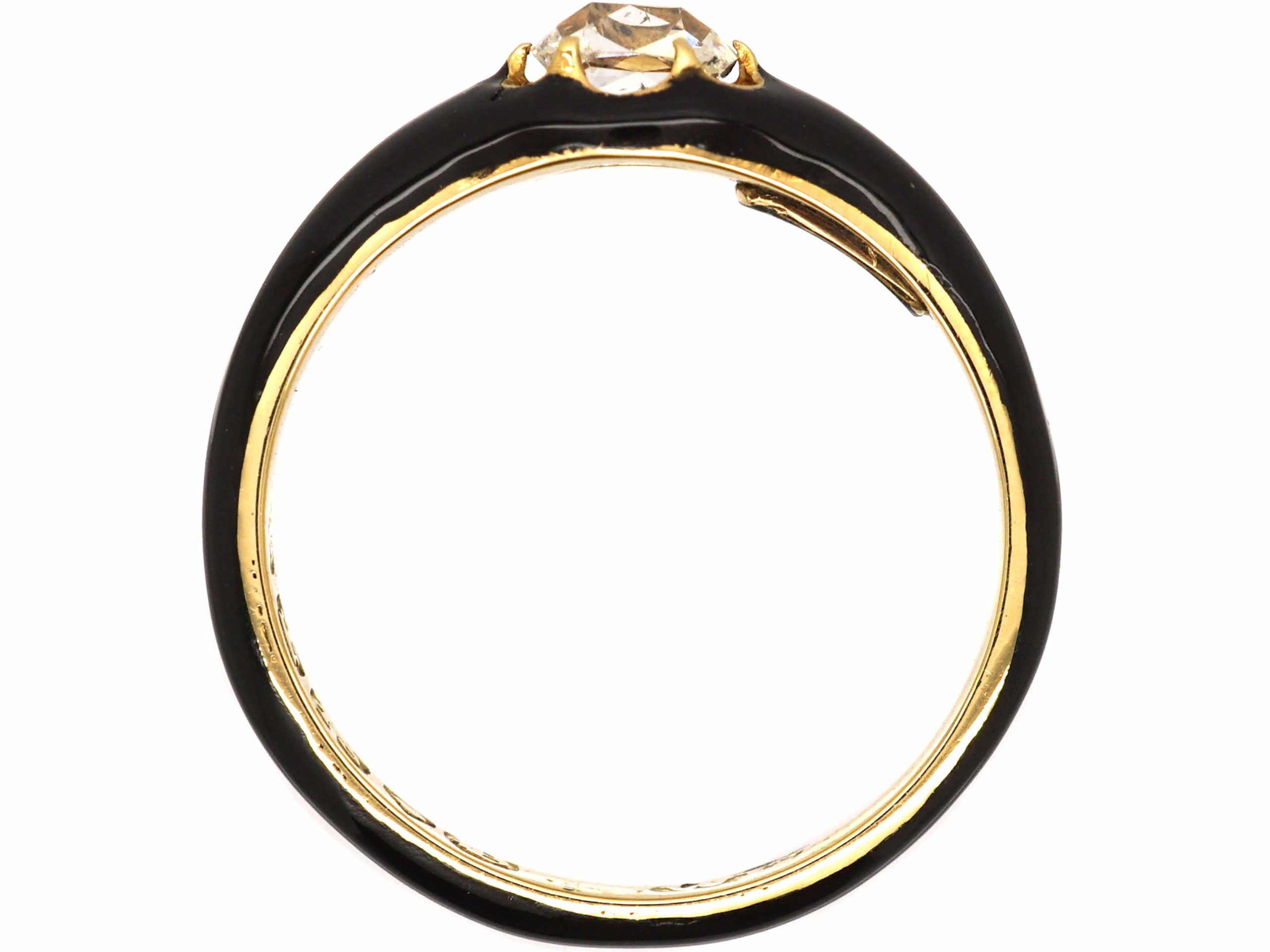 Georgian 18ct Gold & Black Enamel Mourning Ring set with a Cushion Cut ...