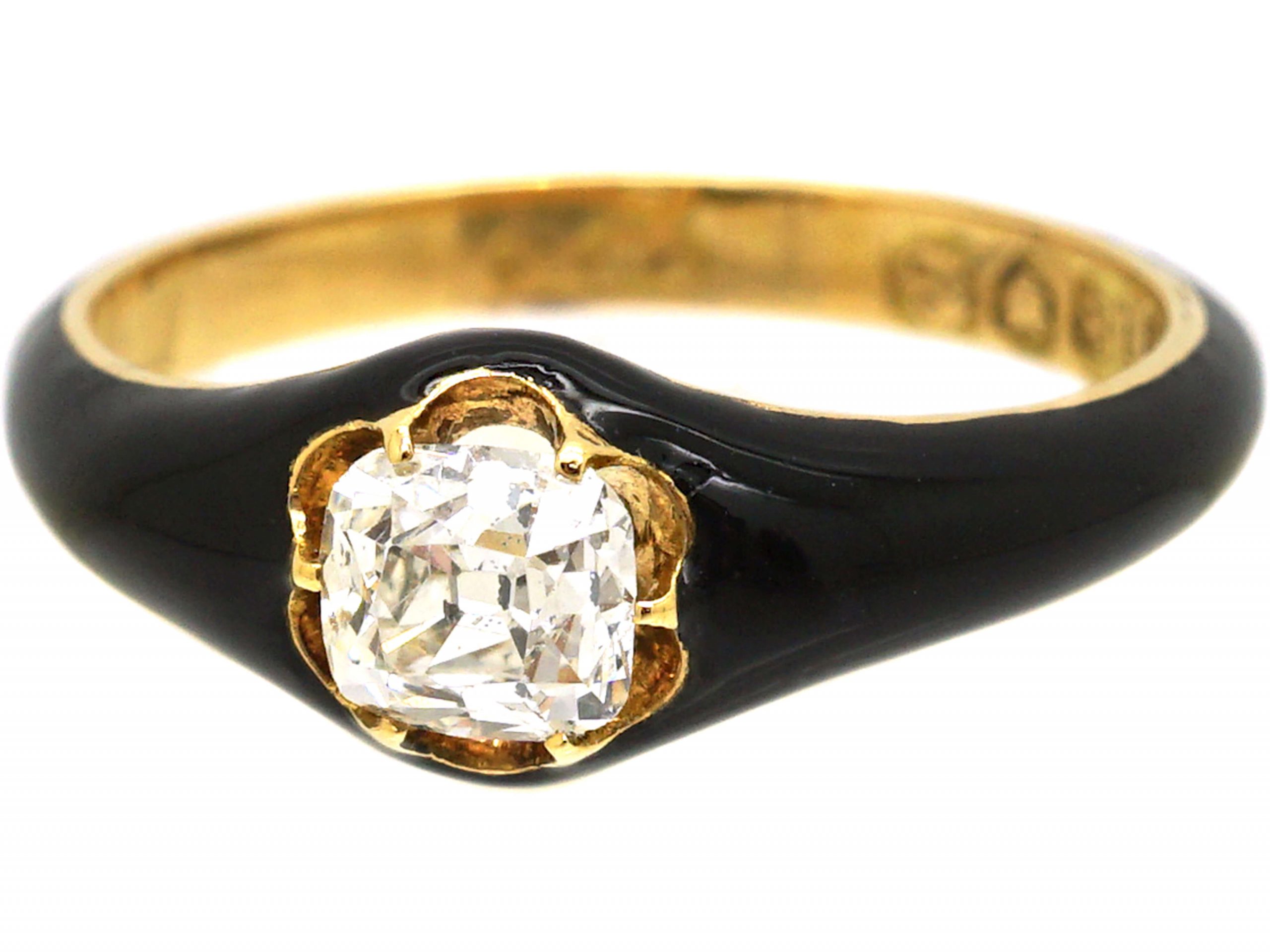 Georgian 18ct Gold & Black Enamel Mourning Ring set with a Cushion Cut ...