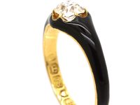 Georgian 18ct Gold & Black Enamel Mourning Ring set with a Cushion Cut Diamond with Locket Inside the Shank