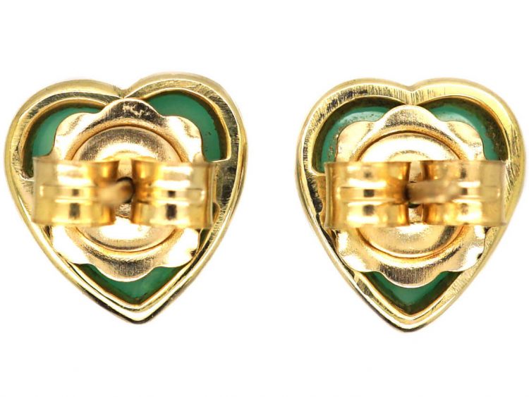 Edwardian 15ct Gold Heart Shaped Earrings set with Green Chalcedony