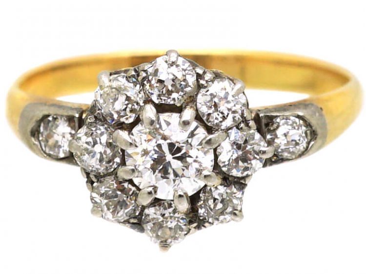 Edwardian 18ct Gold, Diamond Daisy Cluster Ring with Diamond Set Shoulders