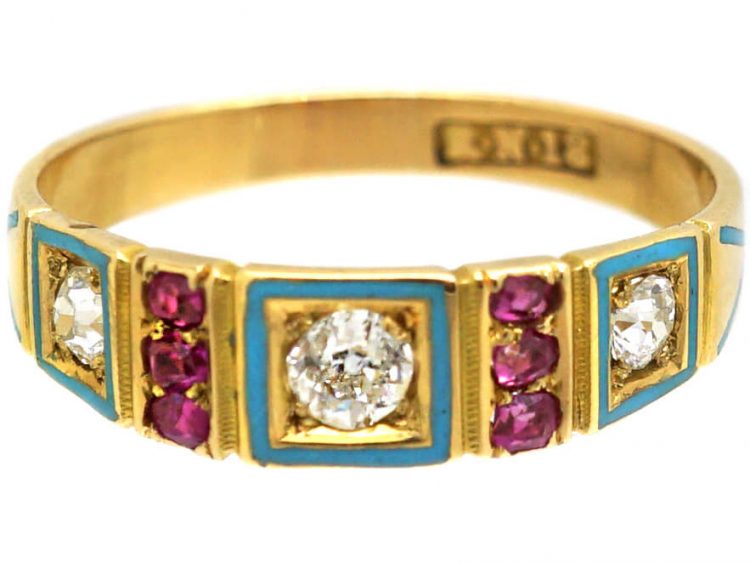 Victorian 18ct Gold, Turquoise Blue Enamel, Ruby & Diamond Ring