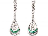 Art Deco Platinum, Emerald & Diamond Drop Earrings