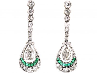 Art Deco Platinum, Emerald & Diamond Drop Earrings