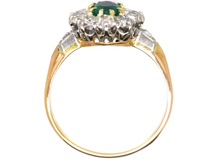 Edwardian 18ct Gold, Emerald & Diamond Cluster Ring with Diamond Set Shoulders